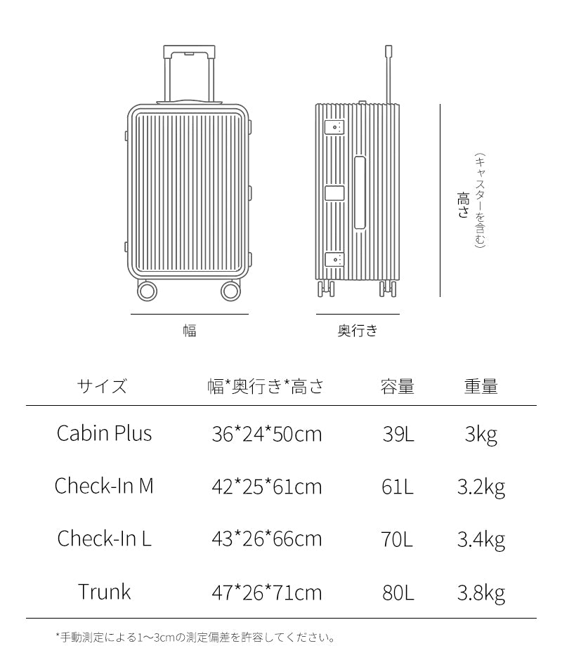 LDUVIN公式/スーツケース LDUVIN ABS樹脂 カラフル - サイズ詳細図